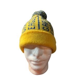 Vintage 80s School Garland Eagles Beanie Winter Hat Ski Snow Yellow Blue Pom Pom